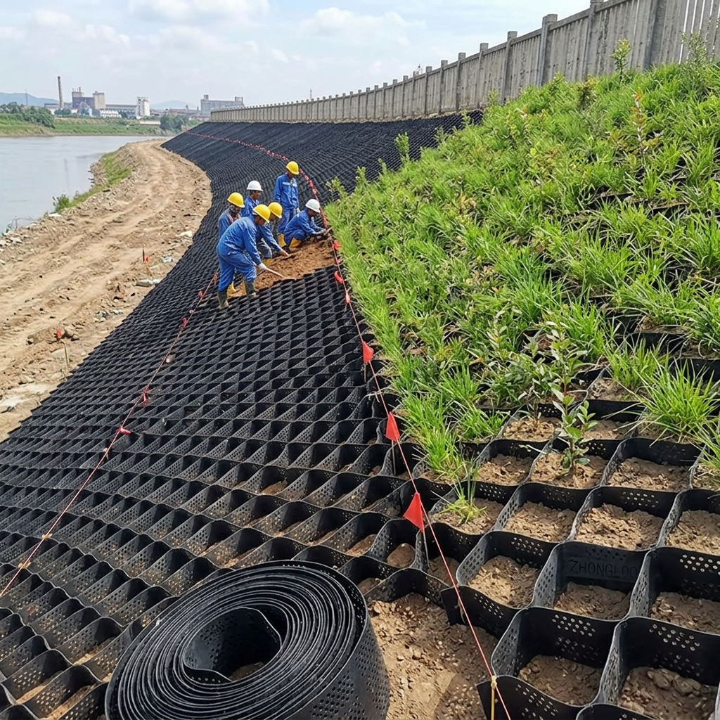Steep slope erosion control using Zhongloo HDPE geocell system