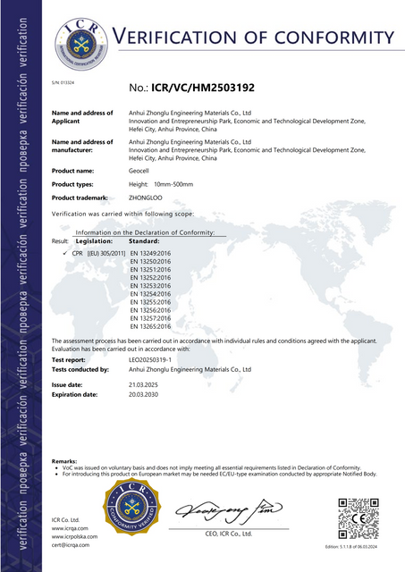 CE Certified Geocell (10mm-500mm Height) - ZHONGLOO Brand for Slope Stabilization