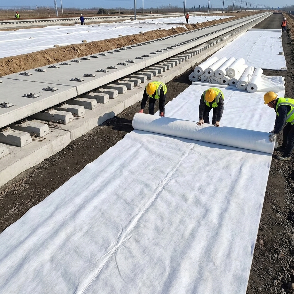 Polypropylene filament geotextile installed as sliding layer under high-speed railway track slab, ensuring thermal stress release and structural stability