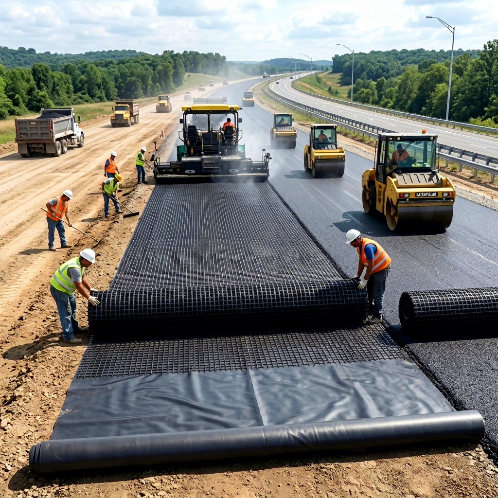 Fiberglass geogrid and geomembrane layered installation on highway expansion project for soil stabilization