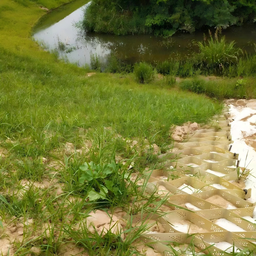 Ecological slope protection using Zhongloo geocell, geomembrane, and vegetation