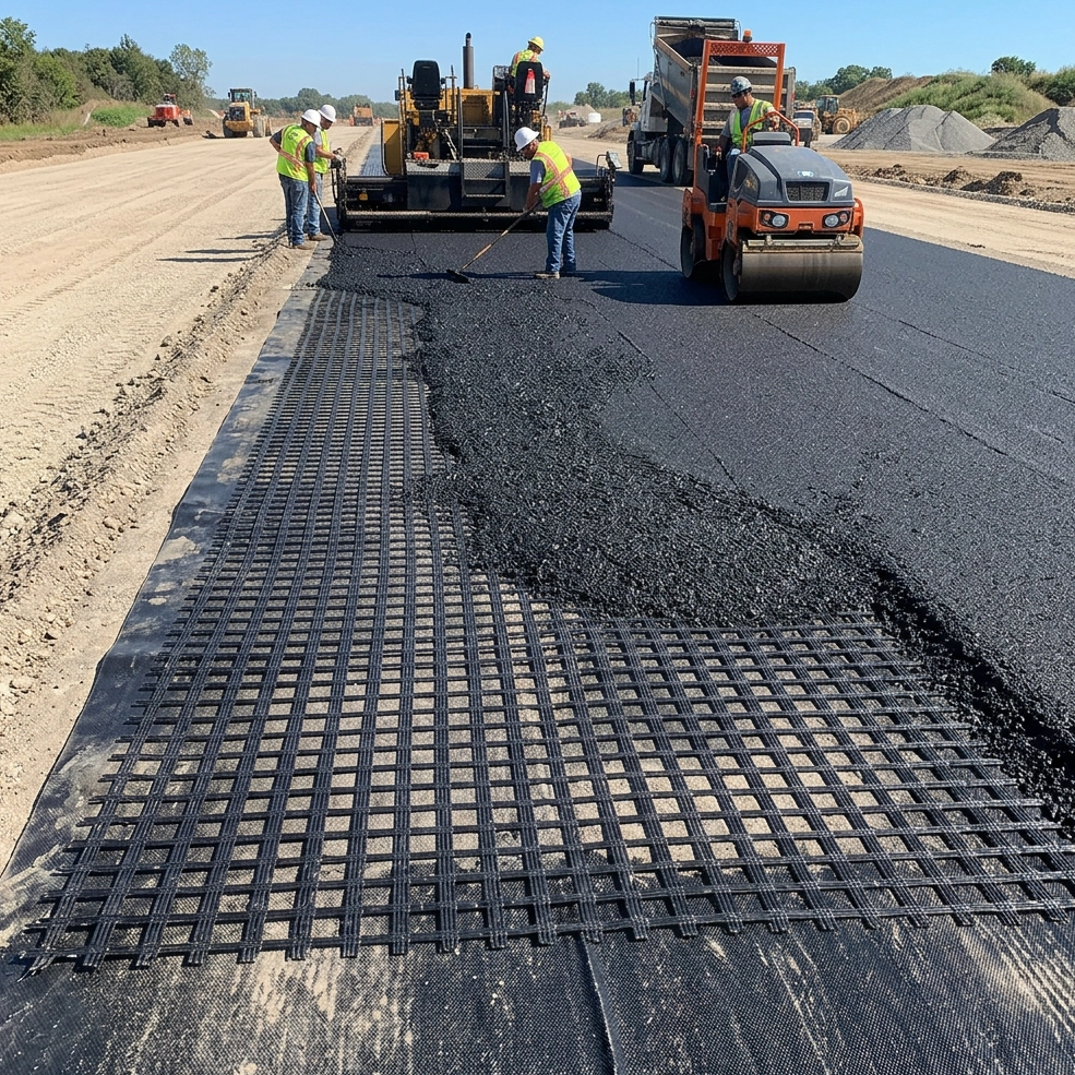 Asphalt paver laying hot mix over fiberglass geogrid, preventing reflective cracks in old pavement repair