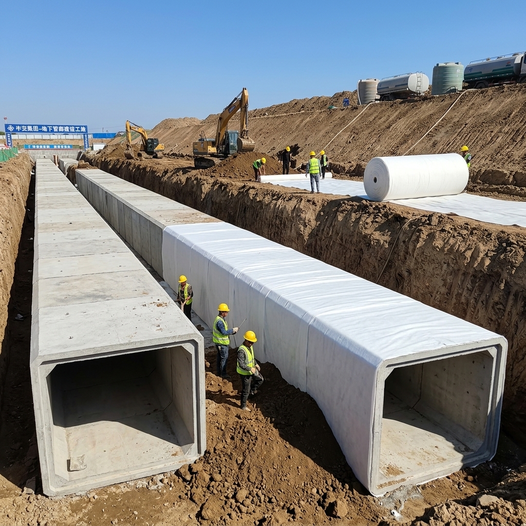 PP filament geotextile wrapped around underground utility tunnel for soil separation and groundwater drainage protection
