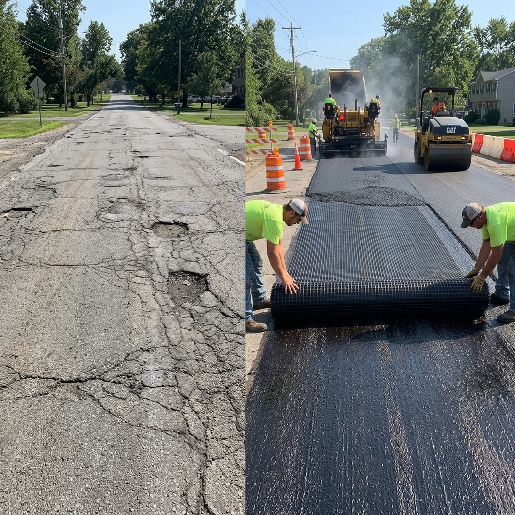 Before and after asphalt road repair using fiberglass geogrid to prevent reflective cracking