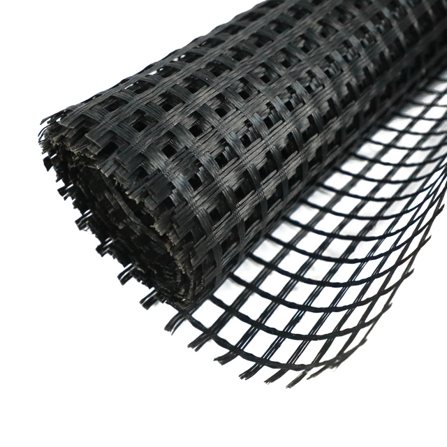 Roll of black fiberglass geogrid for asphalt road reinforcement, high tensile strength