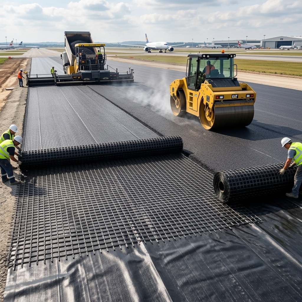 Fiberglass geogrid being laid on airport runway before asphalt overlay, for heavy-load pavement reinforcement