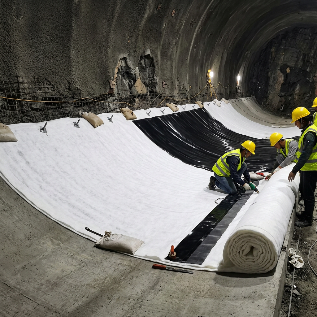 Nonwoven filament geotextile used as protective and drainage layer behind HDPE geomembrane in tunnel lining system