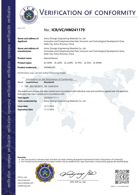 CE Certification for ZHONGLOO Geomembrane - CPR Compliant