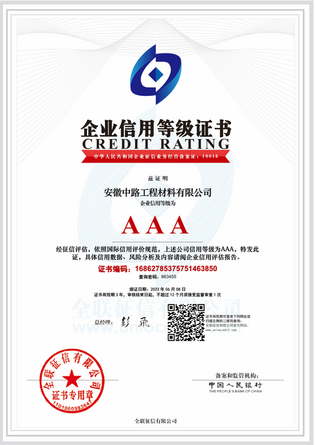 Anhui Zhonglu AAA Enterprise Credit Rating Certificate