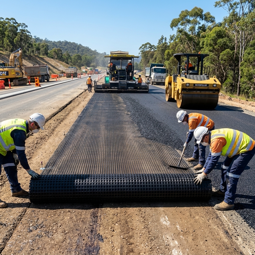 Fiberglass geogrid installation on highway subgrade with paving machine and roller, for new road construction