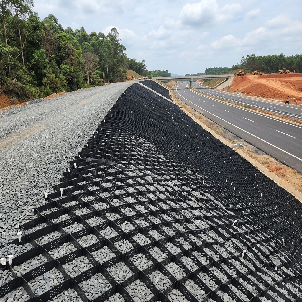 Zhongloo HDPE geocell system installed for highway soil stabilization