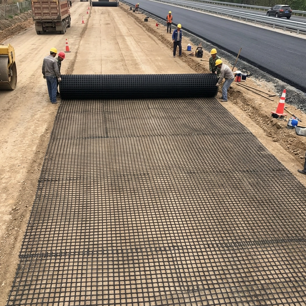 Workers unrolling fiberglass geogrid on prepared roadbed, demonstrating easy installation for asphalt overlay