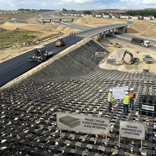 Heavy Duty High Junction Strength Low Creep PET Warp Knitted Geogrid for Retaining Walls Steep Slopes