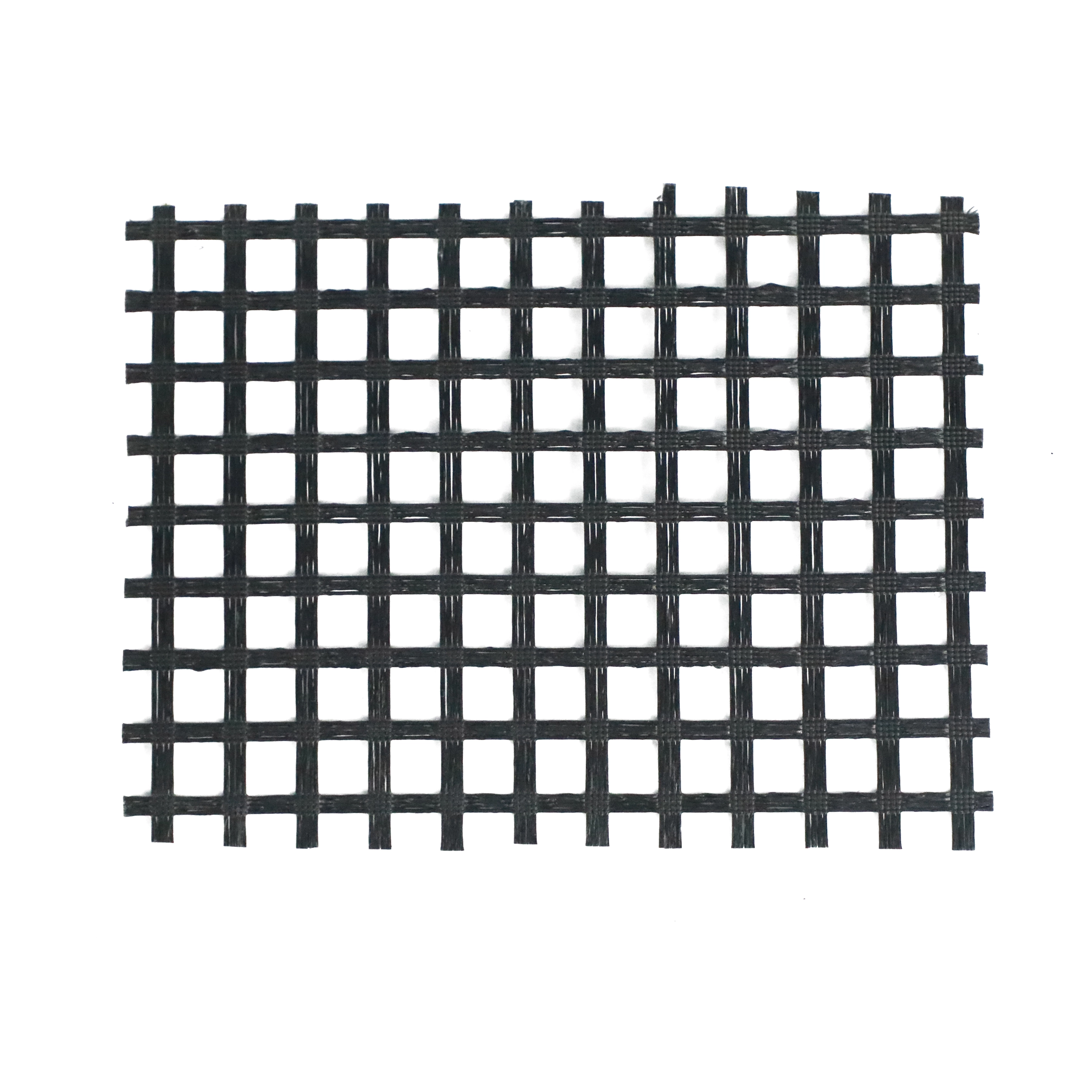 Single sheet of black fiberglass geogrid with square mesh pattern, ideal for airport runway and highway reinforcement
